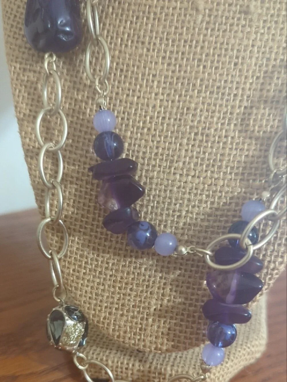 Gold-Tone Long Long Necklace with Purple Bead Accents